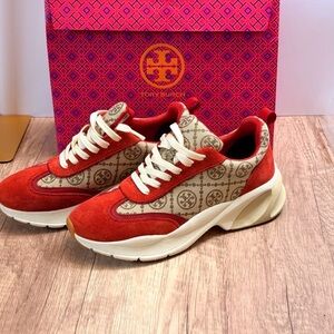 Tory Burch Red Suede and Beige Logo Platform Sneakers 8W